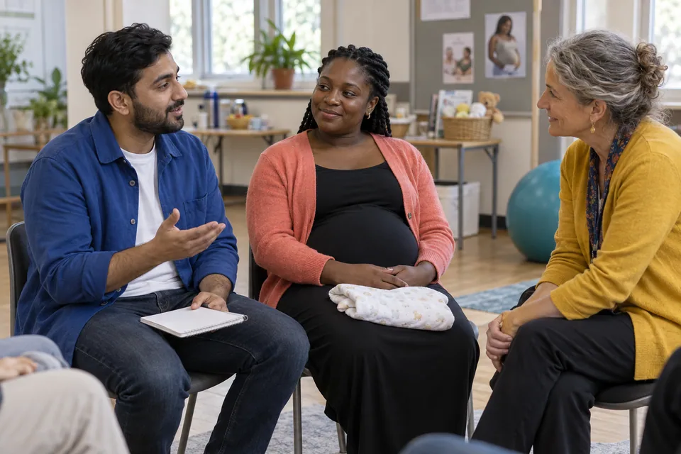 A father in blue and his pregnant partner in coral talk with a facilitator at an antenatal class.