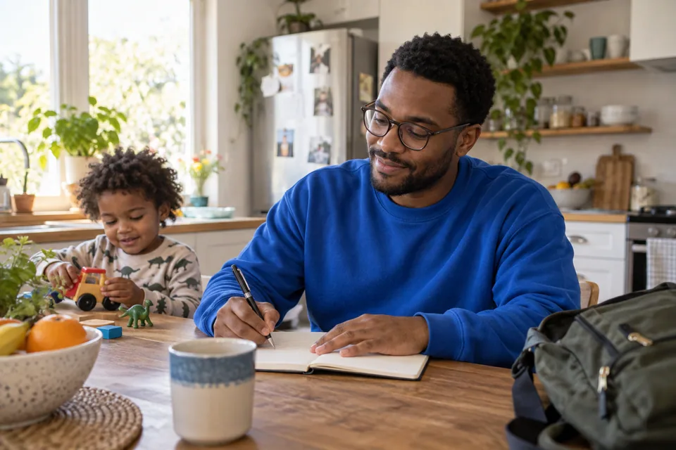 A father wearing glasses writes notes at a table while his child plays nearby.