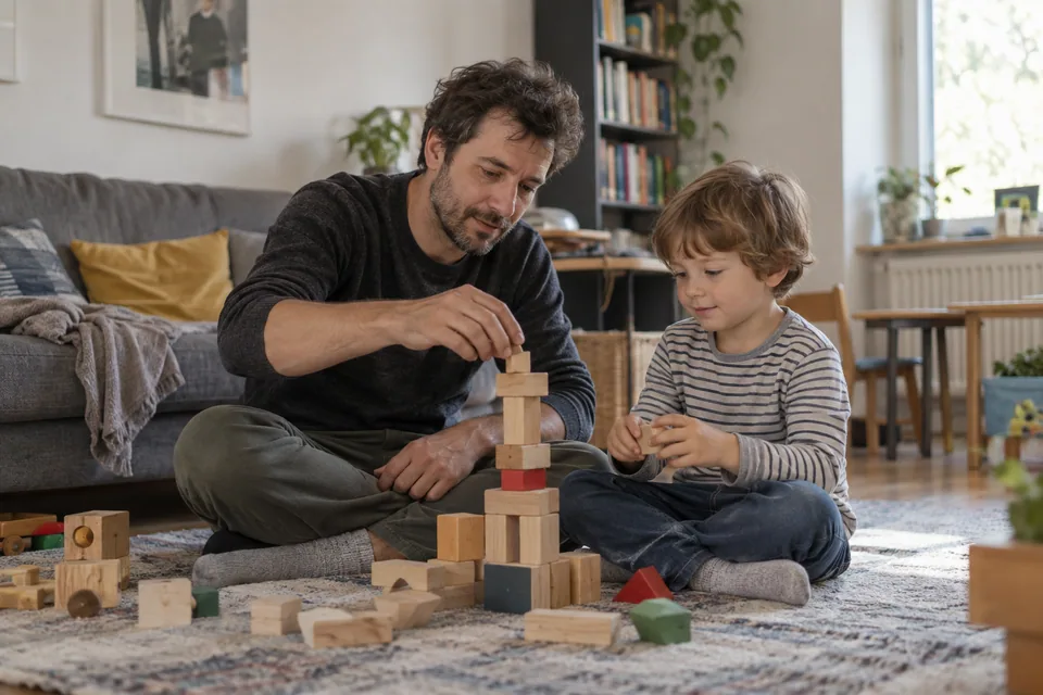 A father and child build a block tower.