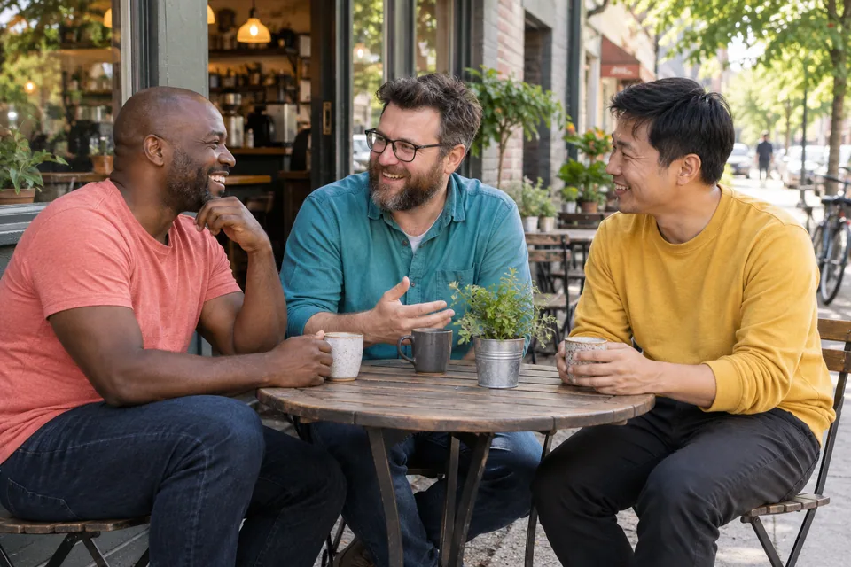 Three men in coral, teal and yellow talk and laugh over mugs at a café.