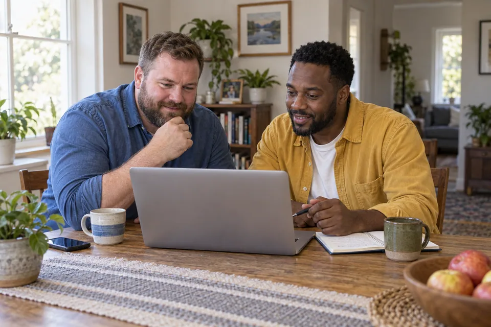 Two men in blue and yellow look at a laptop and notebook together.