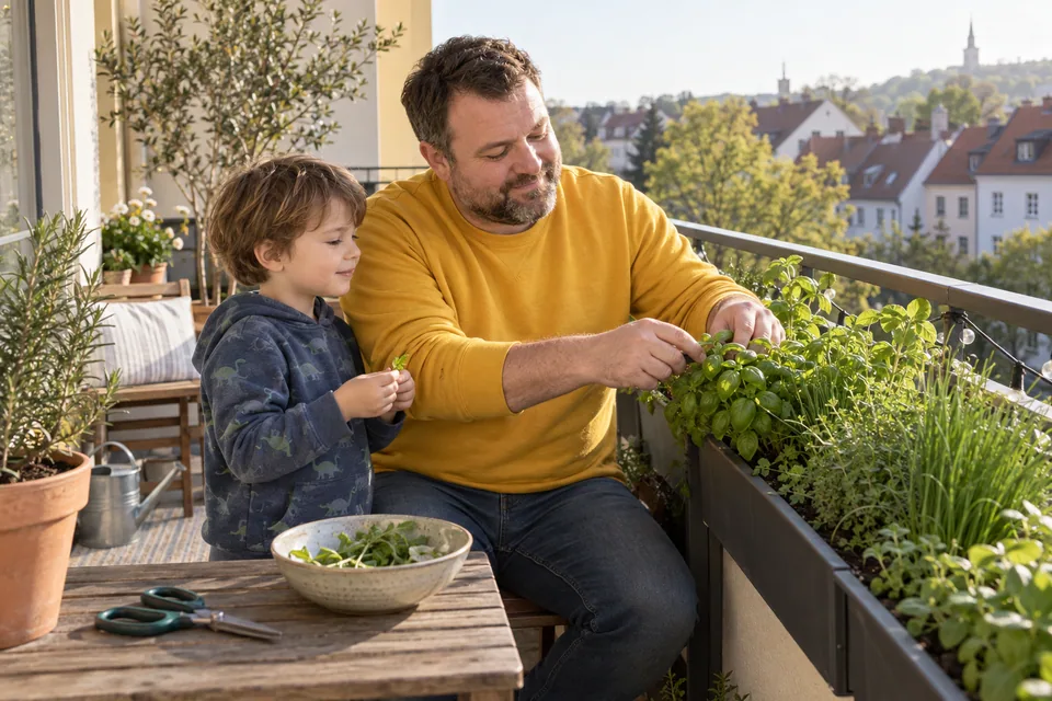 A father in a yellow sweatshirt and a young child tend herbs on a sunny balcony.