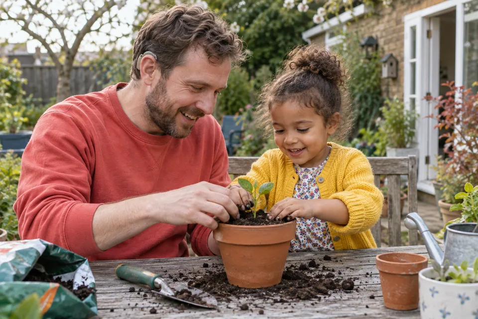 A father wearing a hearing aid and his young daughter plant a seedling together.