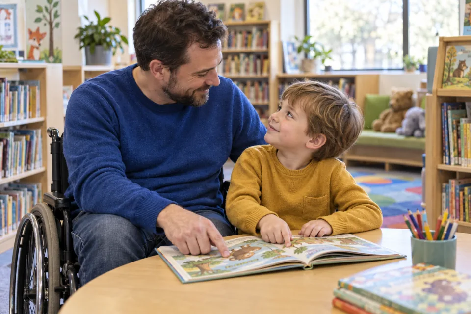 A father using a wheelchair reads a picture book with his preschool son in a children's library.