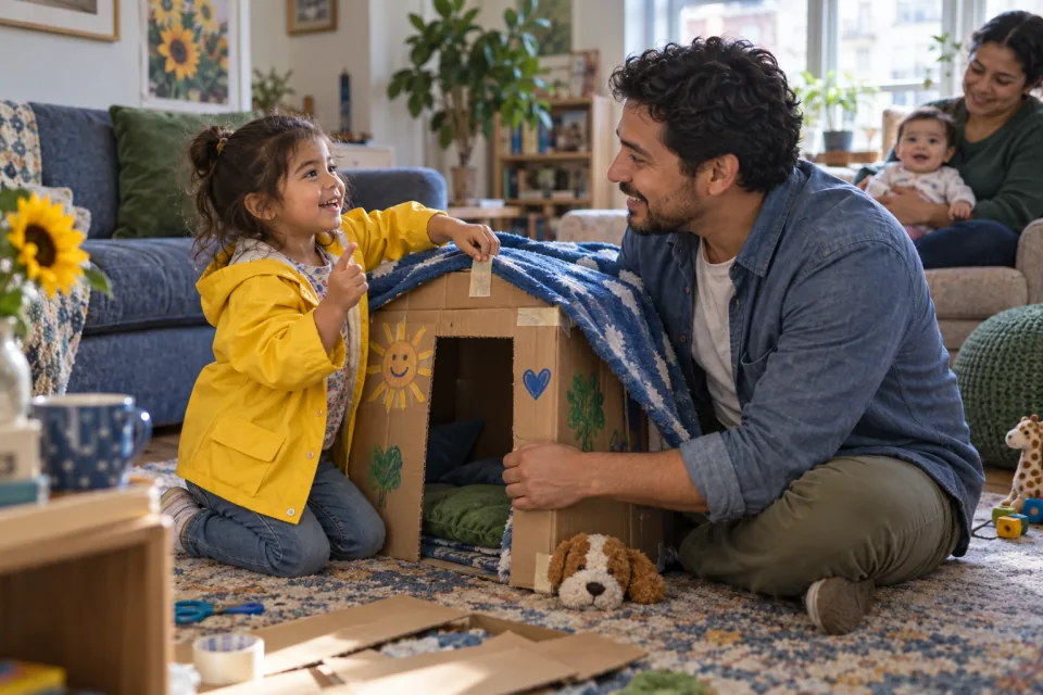 A father and preschool daughter smile over a cardboard playhouse while another adult holds a baby in the background.