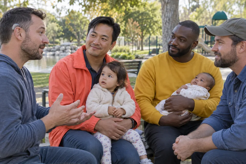 Four fathers talk together in a park; two hold young children and one father wears a hearing aid.