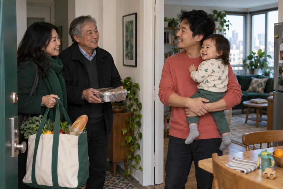A father holding his toddler welcomes two relatives bringing groceries and a prepared meal to his home.