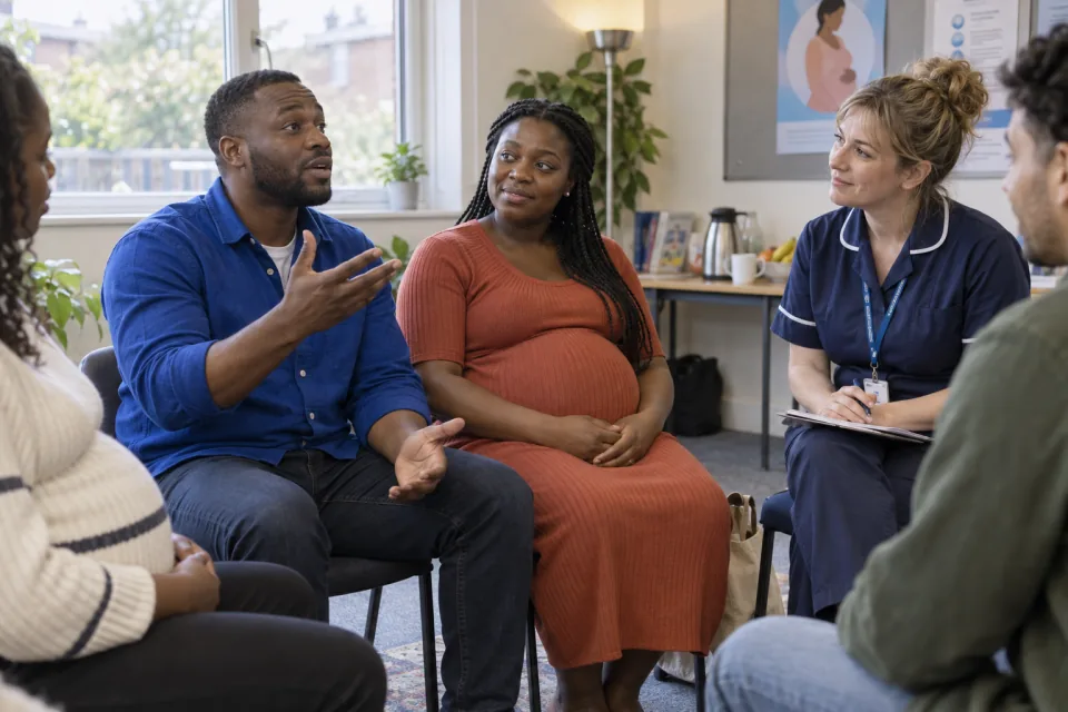 An expectant father asks a question while his pregnant partner and a midwife listen in a small antenatal group.