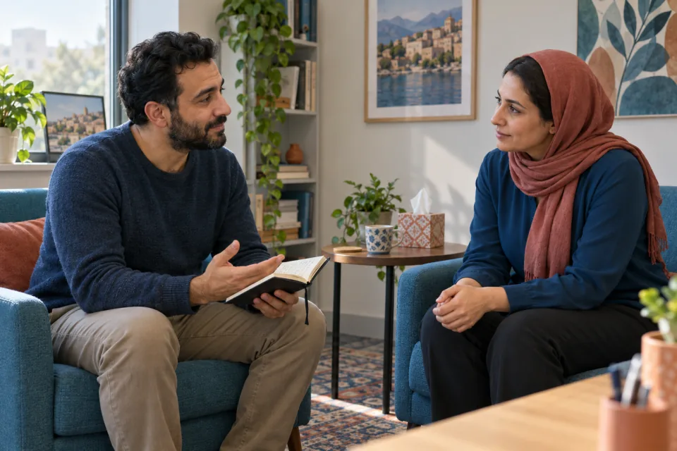 A father speaks with a professional at eye level while holding notes in a quiet consultation room.