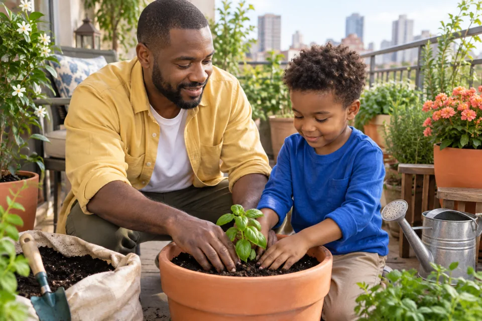 A father and his preschool son plant a herb seedling together on an apartment balcony.