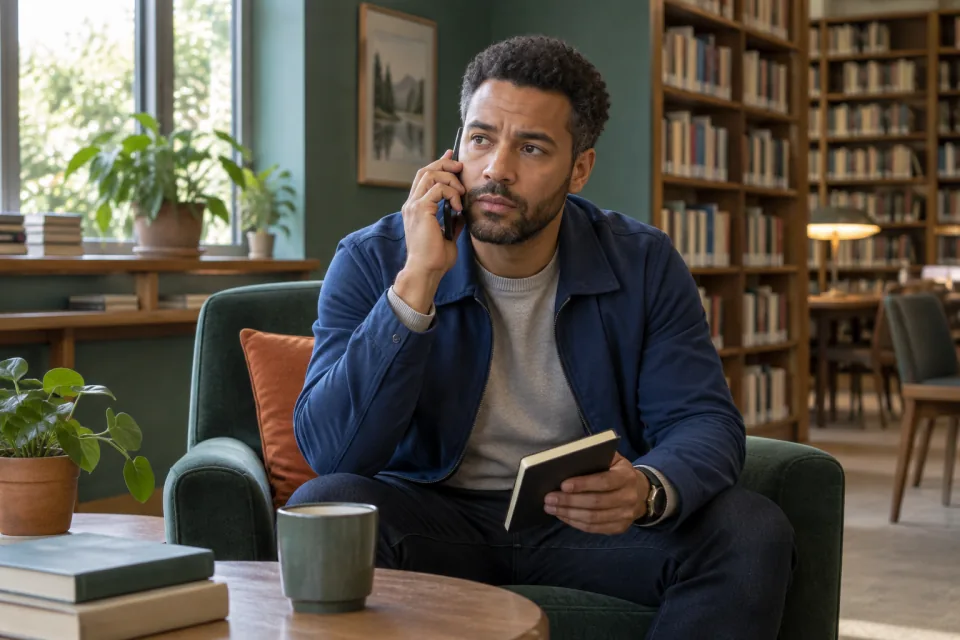 A father sits in a quiet library with a notebook and talks discreetly on a phone.