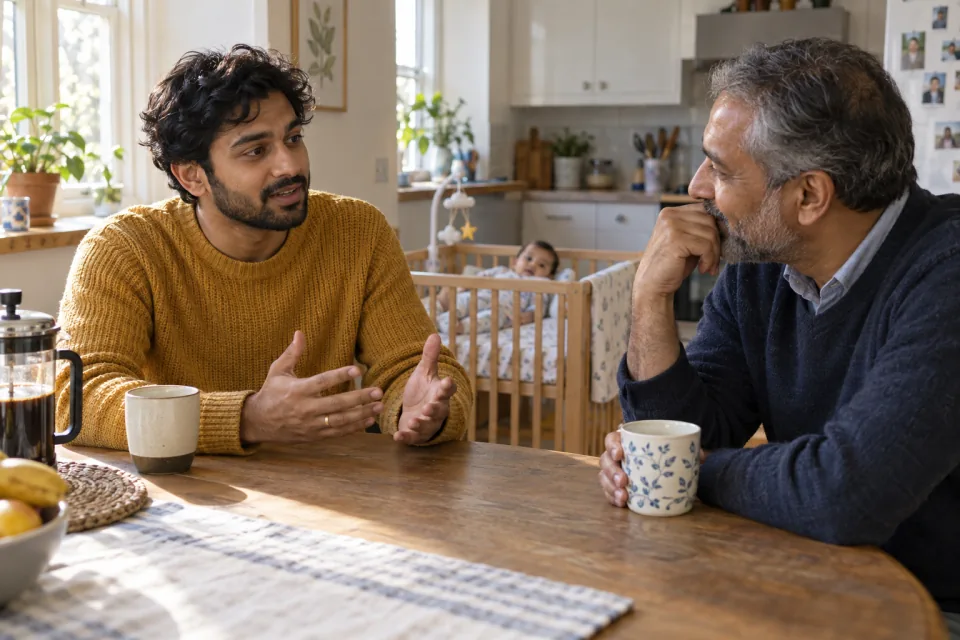 A new father talks with an older friend at a kitchen table while his awake baby rests in a cot nearby.