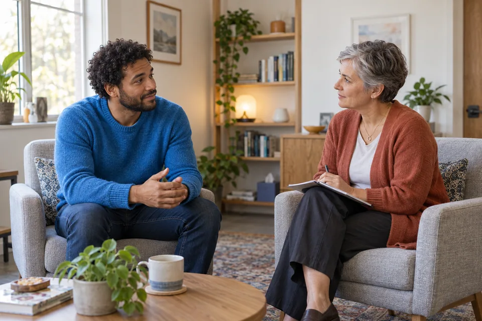 A father in blue talks with a woman in a quiet consultation room, seated at the same level.