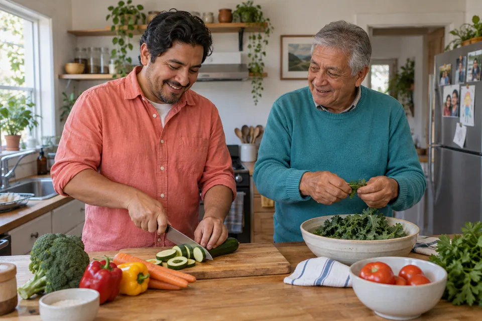 A father in coral and an older man in teal prepare vegetables together in a kitchen.
