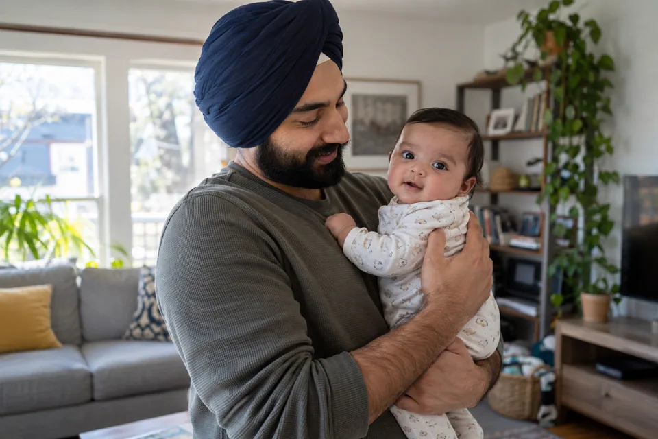 A father wearing a turban holds his baby.