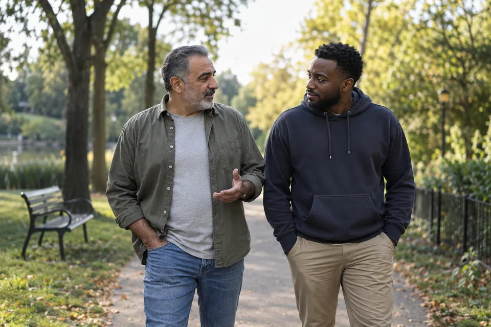 Two men walk together in a park.