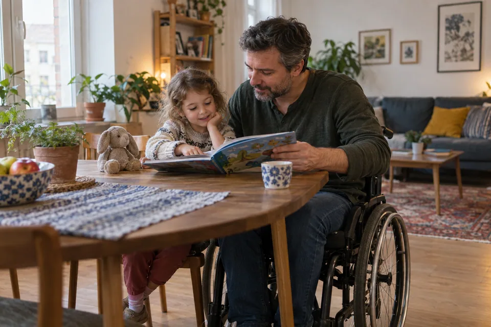 A father using a wheelchair reads with his child.