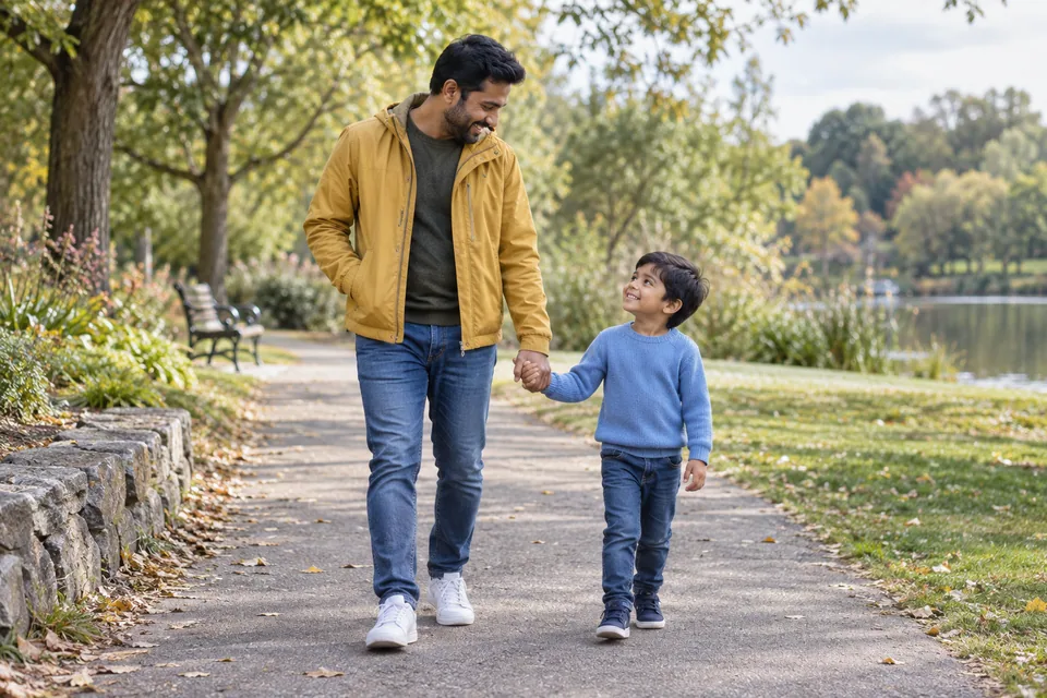 A father in a mustard jacket and his young son hold hands on a park path.