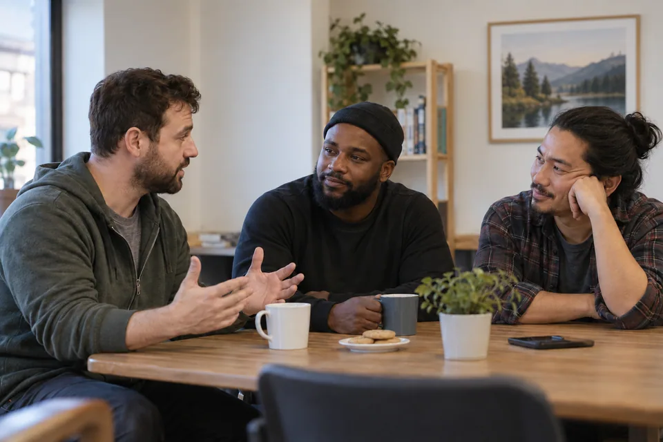 Three men listen to one another.