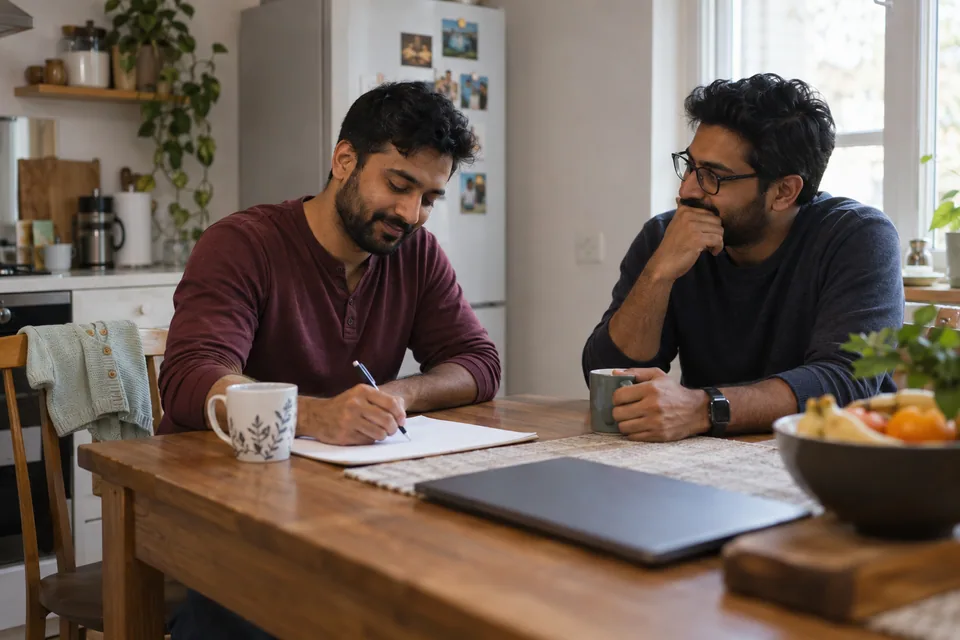 A man writes while a friend listens.