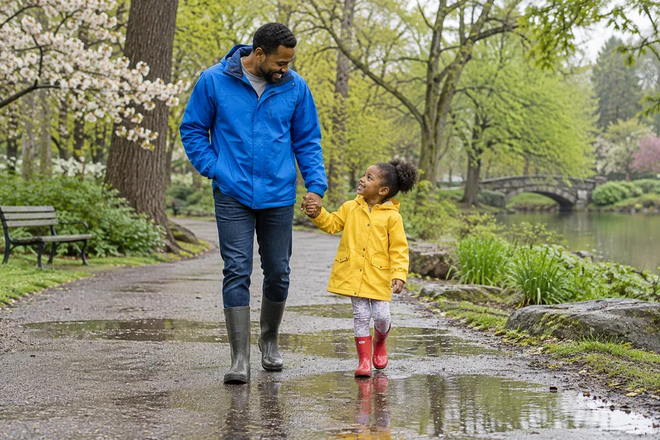 A father in a blue jacket and his daughter in a yellow raincoat enjoy a puddle on a park path.