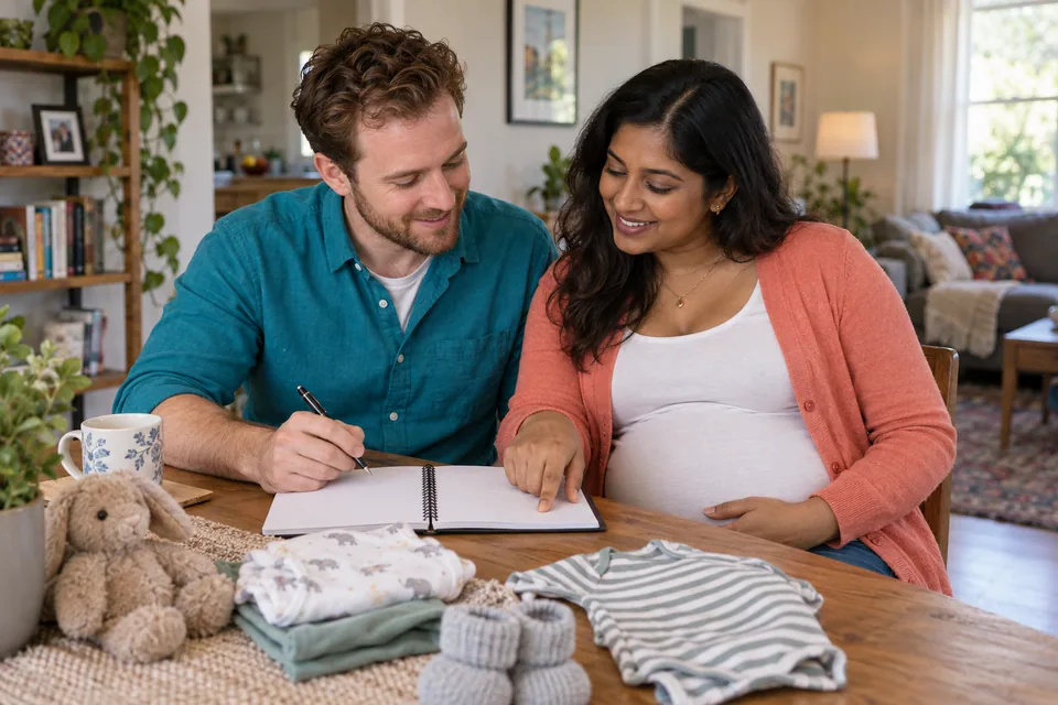 An expectant father in teal and his pregnant partner in coral look over a notebook beside baby clothes.