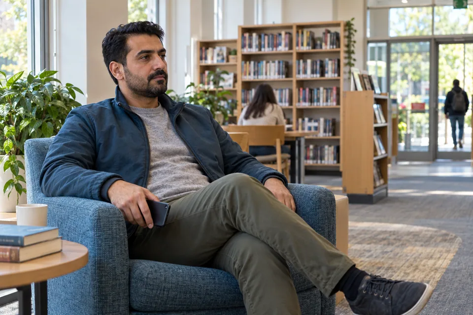 A man in a dark teal jacket holds a phone in a quiet public library.