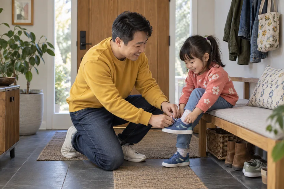 A father in mustard helps his young daughter in coral with her shoes by the front door.