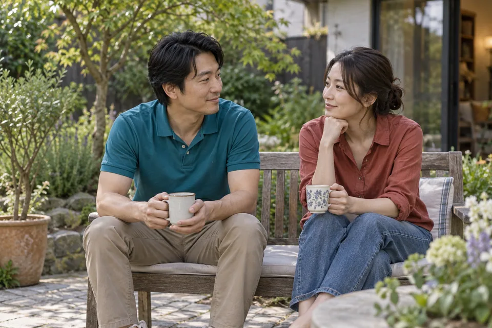 Two partners in teal and coral sit on a garden bench with mugs and listen to one another.