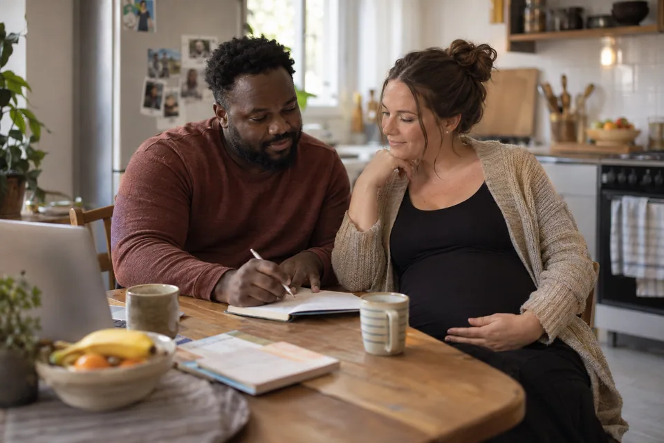 Expectant parents make a plan at a kitchen table.