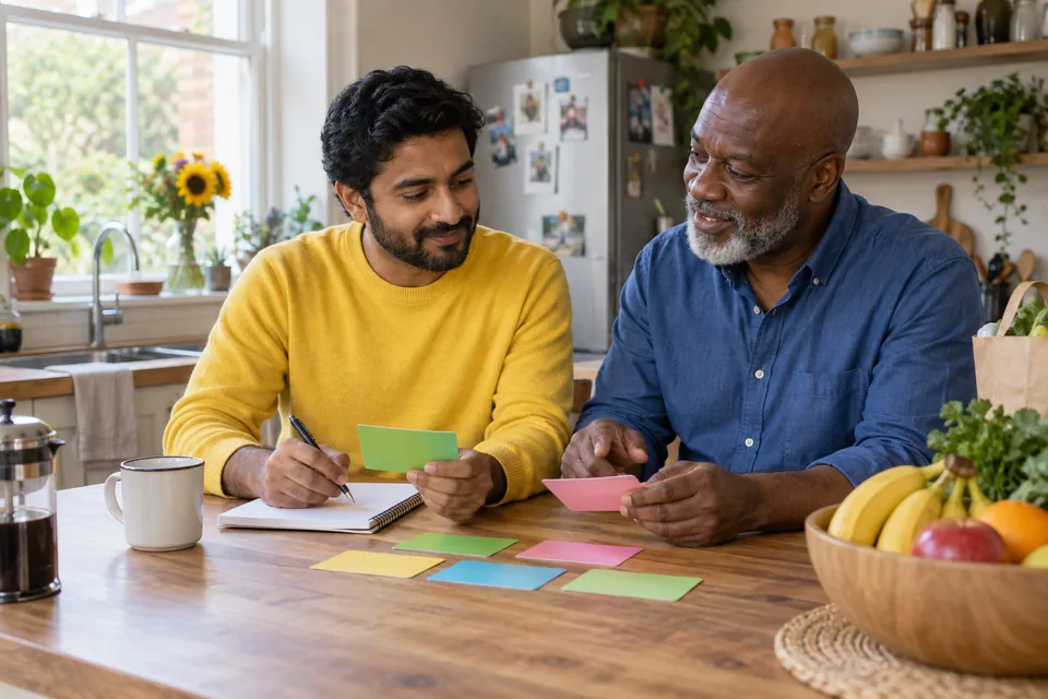 A father in yellow and an older friend in blue plan together with cards and a notebook.