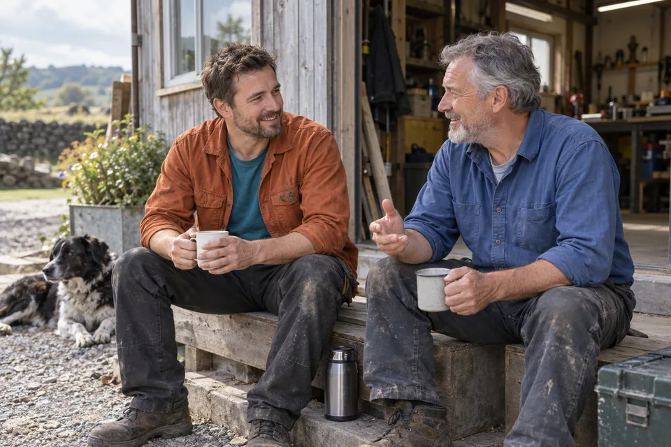 Two men in orange and blue work clothes talk during a break outside a workshop.