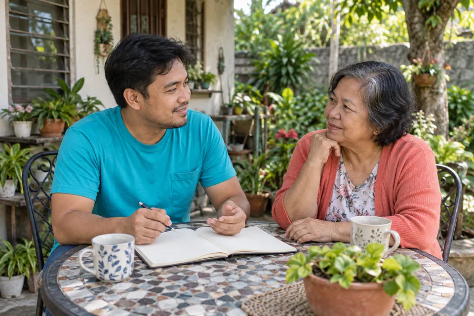 A father in teal and an older woman in coral talk over a notebook in a garden.